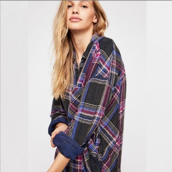 Free People Nordic Side Lace-Up Flannel Button Down Top Size Large - Picture 2 of 10